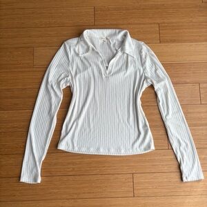 Y2K white ribbed MoaMoa collared long sleeve top